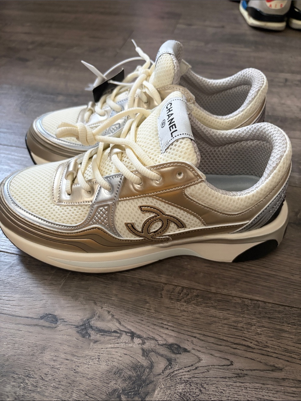 CHANEL Cream & Silver Mesh Platform Sneakers - Picture 4 of 4